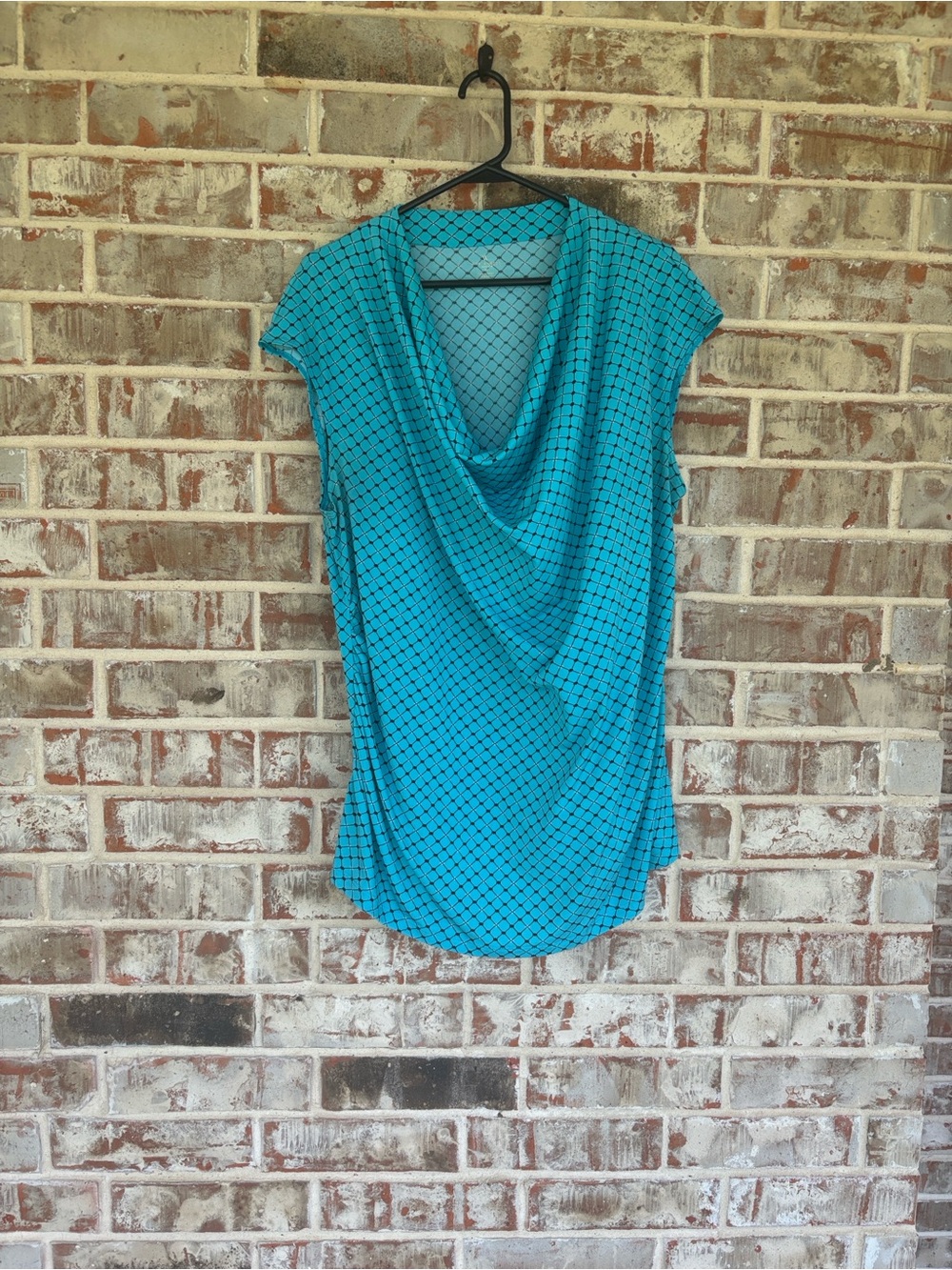 Worthington Teal Geometric Drape Neck Cap Sleeved Top